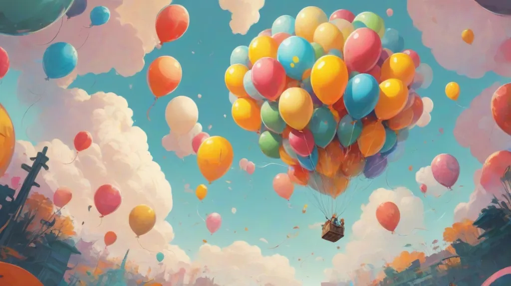 Ilustracja kolorowych balonów unoszących się na niebie, zajmujących większość kadru i symbolizujących radość oraz lekkość.