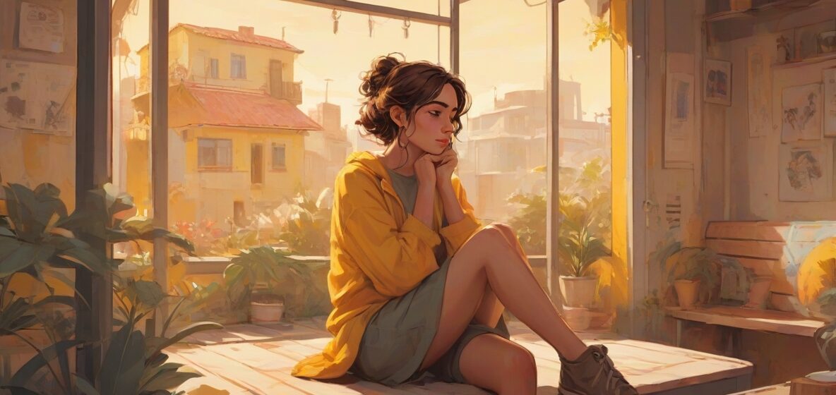 Ilustracja melancholii, przedstawiająca zamyśloną kobietę siedzącą samotnie w nowoczesnym europejskim otoczeniu, jej wyraz twarzy oddaje głębokie emocje i introspekcję.