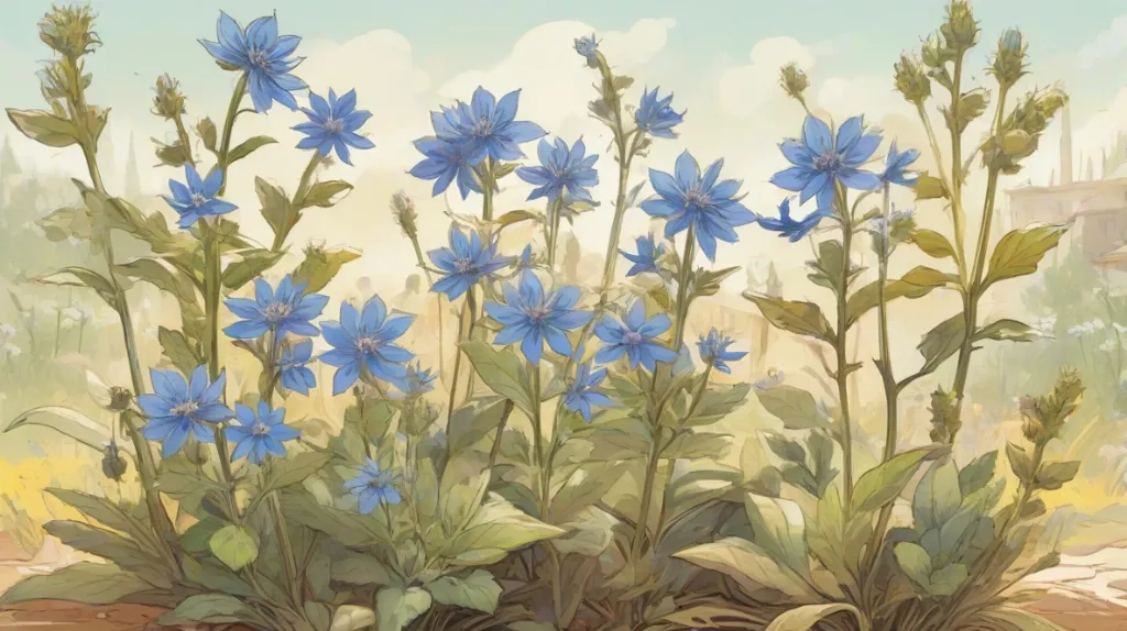 Ilustracja ogórecznika lekarskiego, rośliny z delikatnymi niebieskimi kwiatami, wyraźnie widocznej na pierwszym planie. Kwiaty symbolizują zdrowie, regenerację i harmonię we współczesnym kontekście.