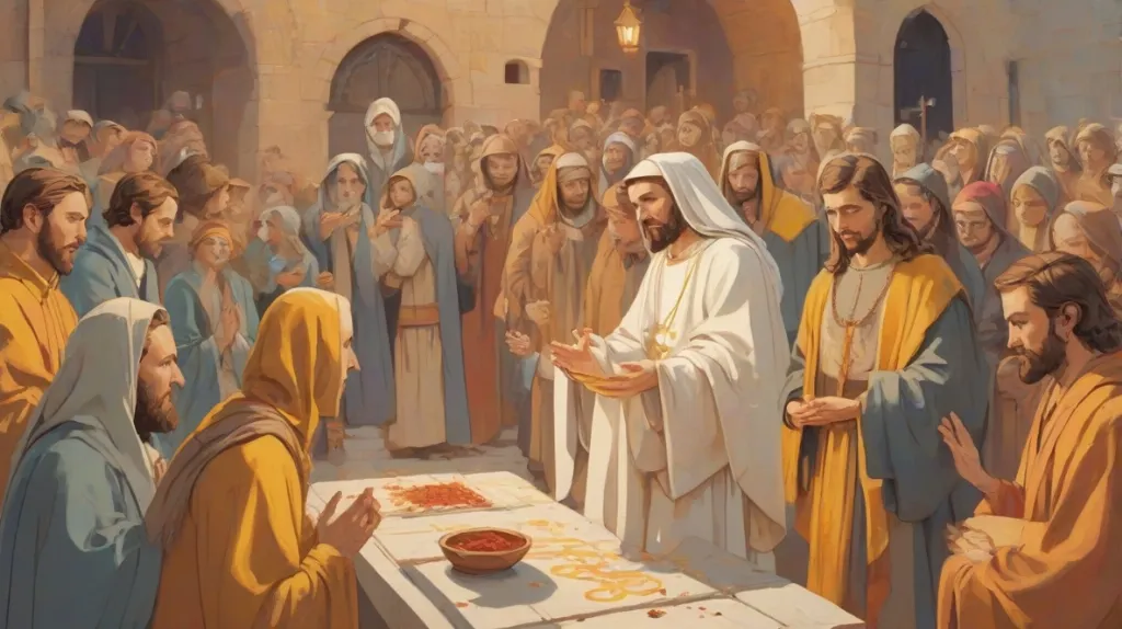 Ilustracja Gorzkich Żali, tradycyjnego polskiego nabożeństwa wielkopostnego. Scena przedstawia uroczystą ceremonię religijną z centralną postacią Męki Chrystusa. Ustawienie jest współczesne, odzwierciedlając jego trwałe znaczenie we współczesnej kulturze europejskiej.