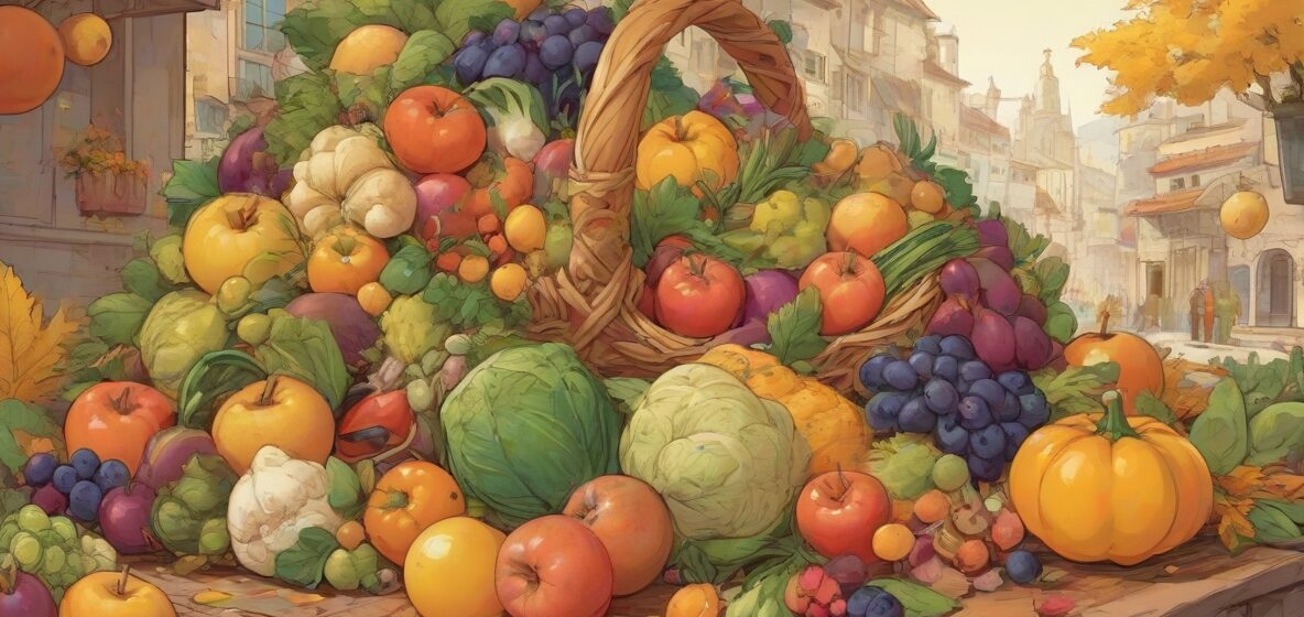 Ilustracja przedstawiająca Róg Obfitości, symbol obfitości i dobrobytu, wypełniony różnorodnymi owocami i warzywami. Róg obfitości jest głównym elementem, zajmującym większość przestrzeni wizualnej, z nowoczesnym europejskim tłem.