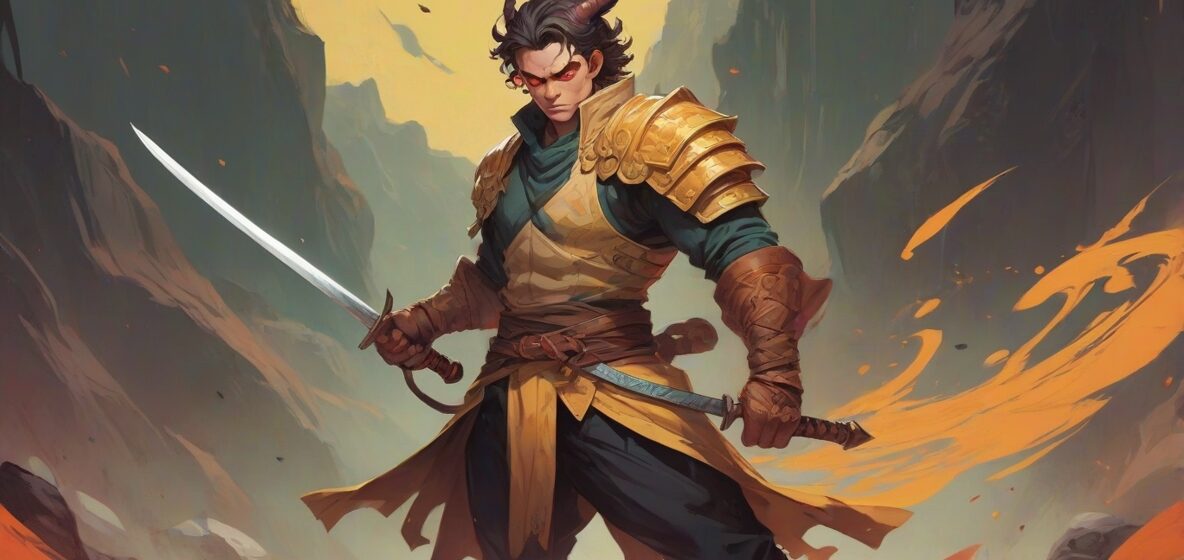 Ilustracja Demon Slayer, współczesnego wojownika w nowoczesnym europejskim stroju, stojącego pewnie z mieczem. Postać jest głównym elementem, zajmującym większość kadru, ukazując siłę i determinację w dynamicznej pozie.