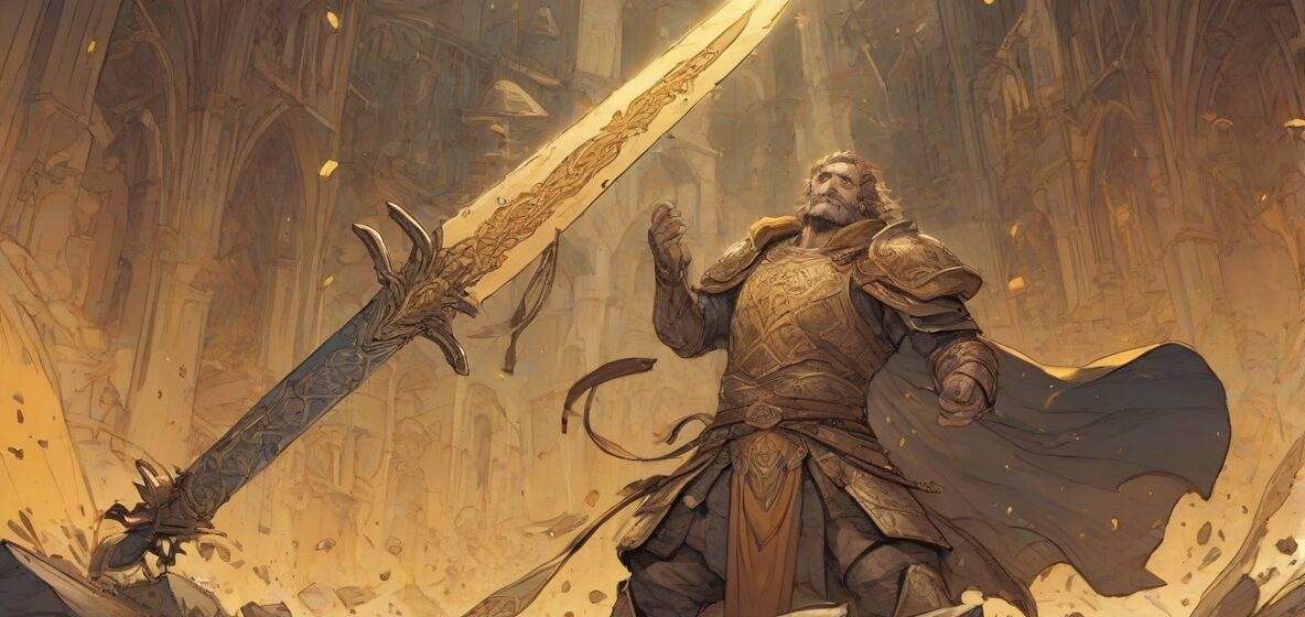 Ilustracja Wielkiego Miecza, wyraźnie widocznego na pierwszym planie. Miecz jest duży i imponujący, symbolizując moc i siłę. Jego wypolerowane ostrze błyszczy, oddając istotę średniowiecznej broni.