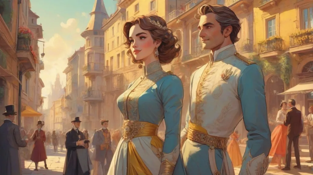 Ilustracja Lady i Lorda we współczesnych europejskich strojach, stojących wyraźnie na pierwszym planie, prezentujących elegancję i autorytet.