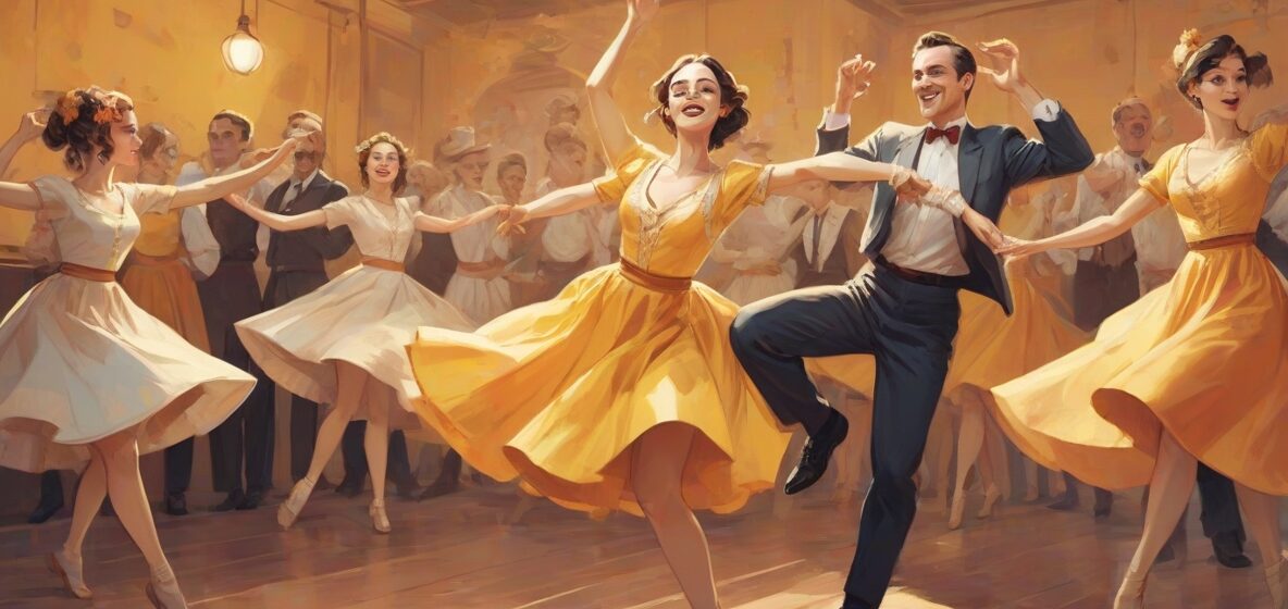 Ilustracja poloneza, tradycyjnego polskiego tańca, wykonywanego przez elegancko ubranych tancerzy we współczesnym otoczeniu. Tancerze są głównym punktem, prezentując pełne gracji ruchy i zsynchronizowane kroki.