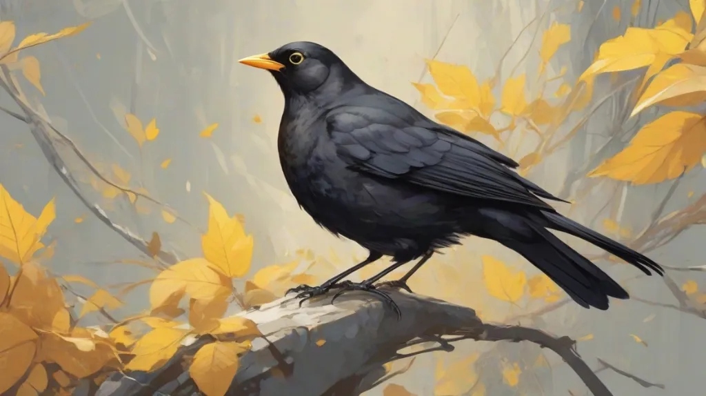 Ilustracja kosa, wyraźnie widocznego, ukazująca jego piękne czarne upierzenie i jasny żółty dziób. Skupienie na samym ptaku, oddając jego elegancję i urok.