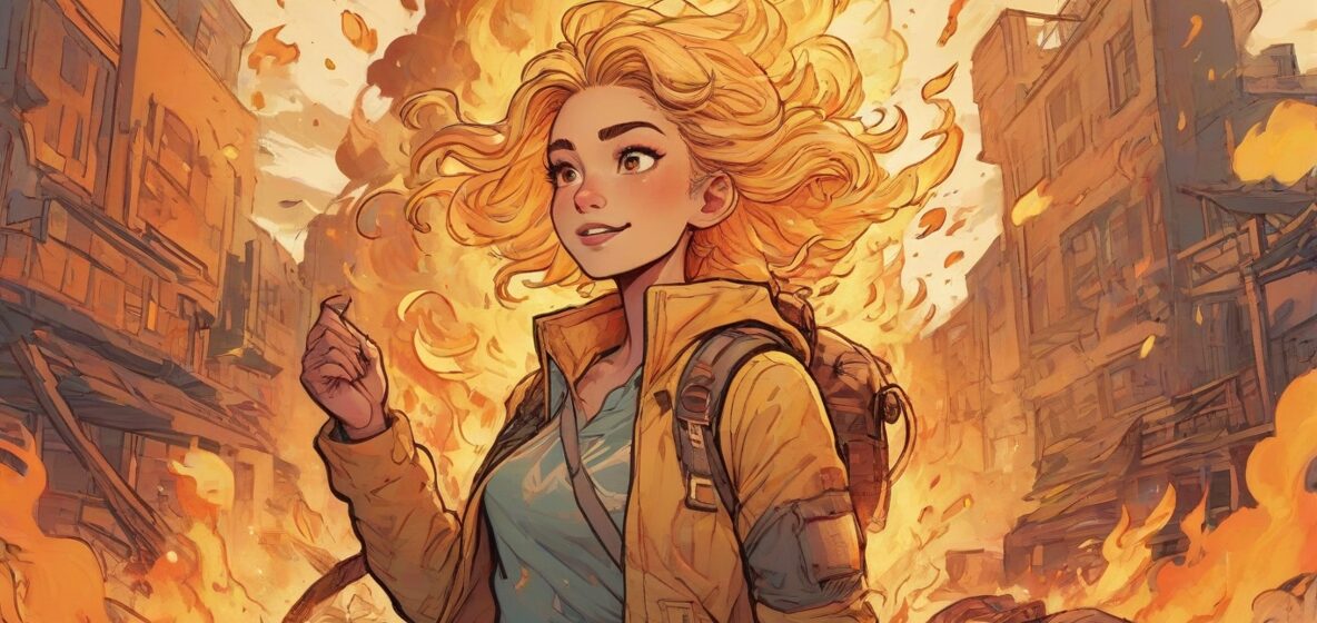 Ilustracja jasnego, potężnego ognia płonącego intensywnie, z żywymi płomieniami zajmującymi większość sceny.