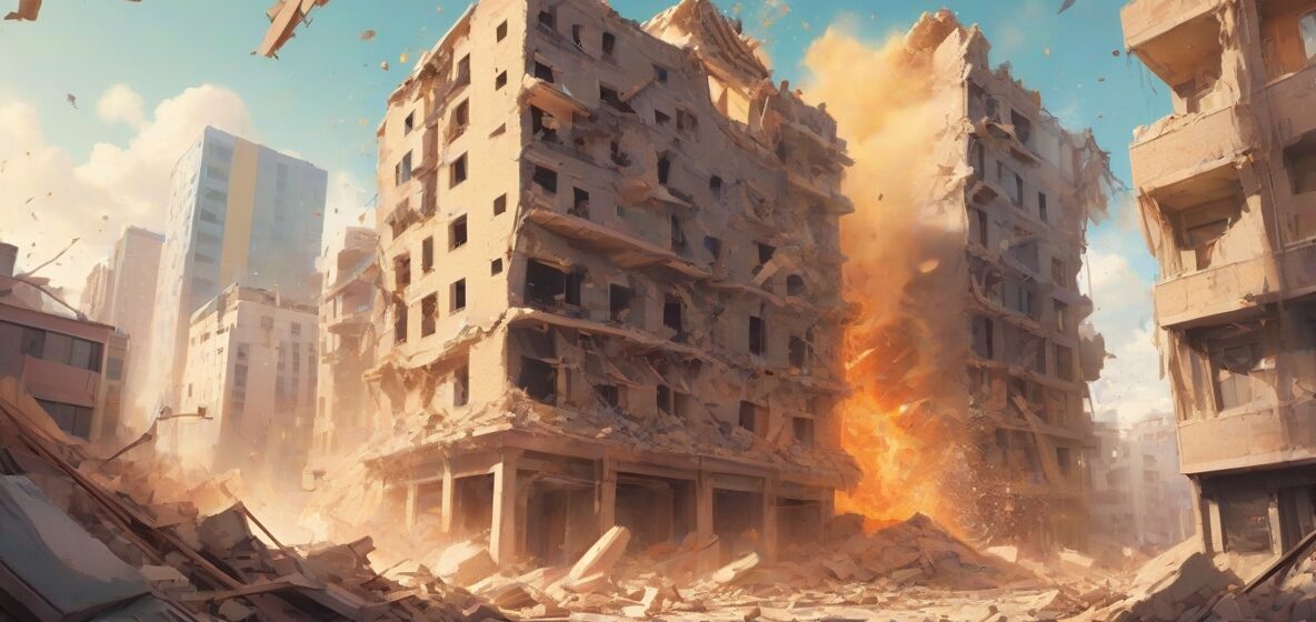 Ilustracja przedstawiająca zawalenie nowoczesnego europejskiego budynku. Konstrukcja jest wyraźnie na pierwszym planie, widocznie się rozpadająca, z rozsypanymi gruzami, symbolizując chaos i niepewność.