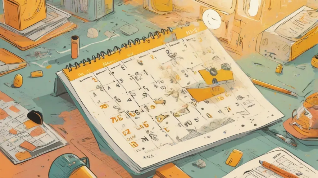 Ilustracja strony kalendarza z wyróżnioną datą na pierwszym planie, symbolizująca planowanie i zarządzanie czasem.