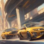 Ilustracja samochodu pędzącego po nowoczesnej europejskiej autostradzie, oddająca istotę szybkiej jazdy. Samochód jest wyraźnie na pierwszym planie, przekazując poczucie prędkości i ekscytacji.