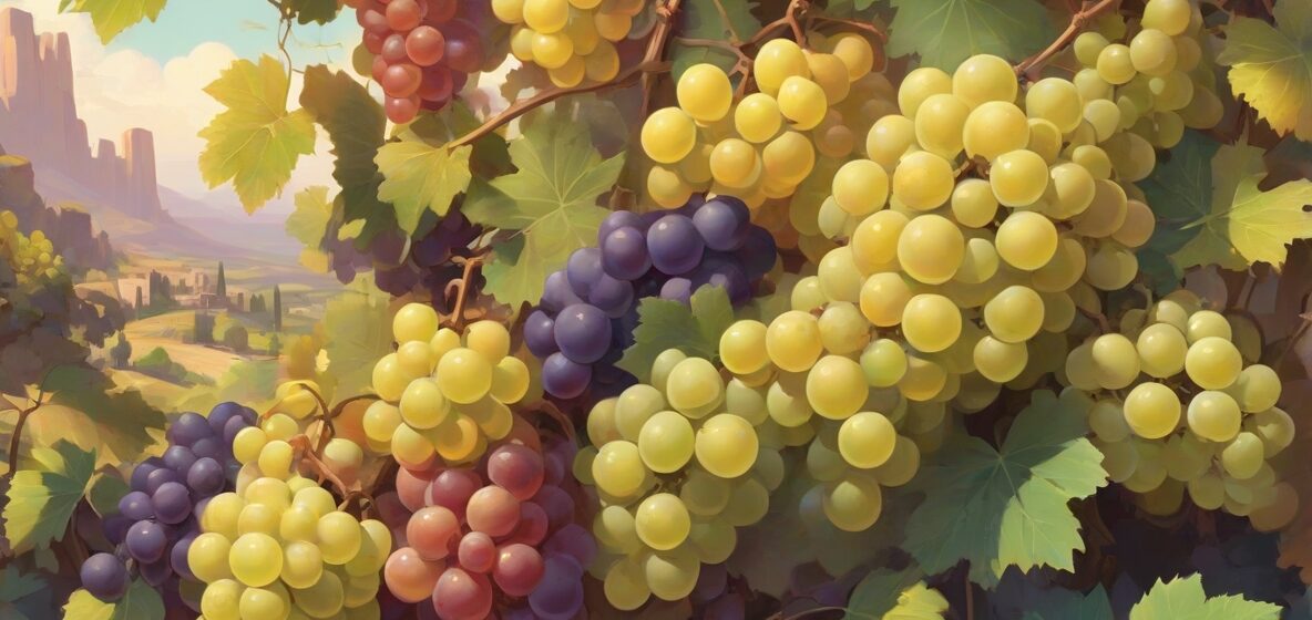 Ilustracja grona winogron, wyraźnie widocznego na pierwszym planie. Winogrona są żywe i szczegółowe, oddając istotę obfitości i jedności. Skupienie jest na samych winogronach, bez większego nacisku na otoczenie.