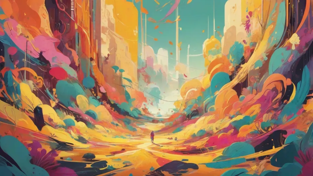 Ilustracja kolorowego abstrakcyjnego obrazu, z żywymi i odważnymi kolorami, które harmonijnie się łączą. Kolory są głównym punktem, tworząc dynamiczną i wizualnie uderzającą kompozycję.