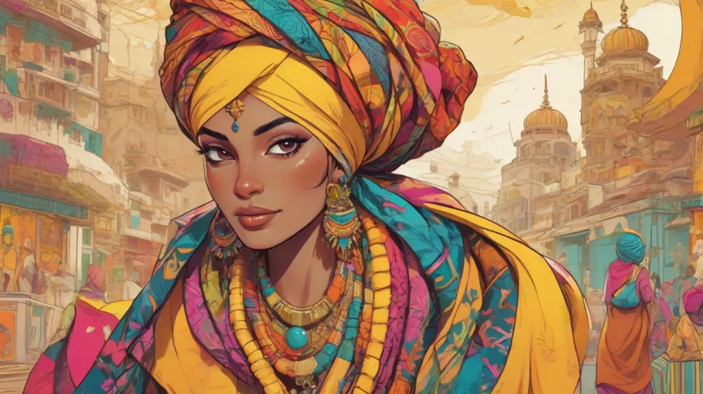 Ilustracja kolorowego i misternie zaprojektowanego turbanu, wyraźnie wyeksponowanego, ukazującego jego żywe wzory i faktury.