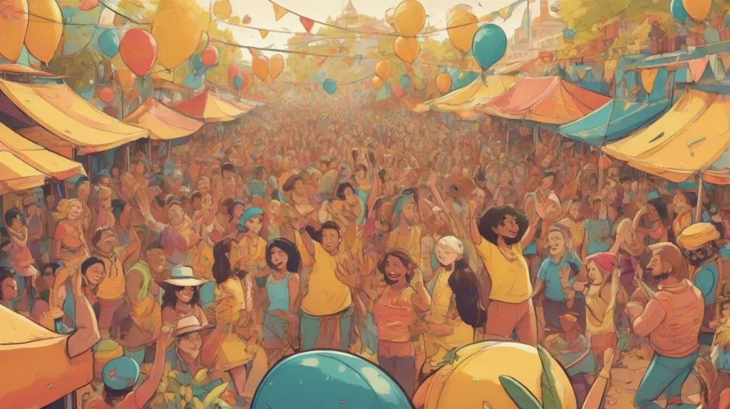 Ilustracja kolorowego festynu z radosnymi ludźmi uczestniczącymi w różnych aktywnościach. Scena wypełniona jest żywymi dekoracjami, muzyką i śmiechem, oddając istotę żywego spotkania społeczności.