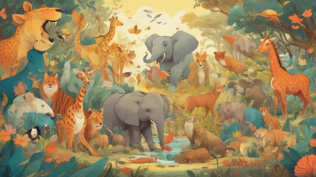 Ilustracja kolorowej menaży z różnorodnymi zwierzętami na pierwszym planie, żywo ukazująca różnorodność życia.