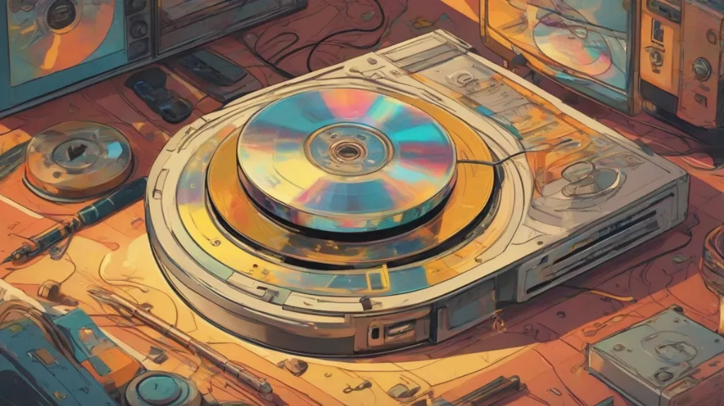Ilustracja kompaktowego dysku (CD) wyraźnie widocznego, symbolizującego technologię i nostalgię, odzwierciedlającego współczesny kontekst europejski.