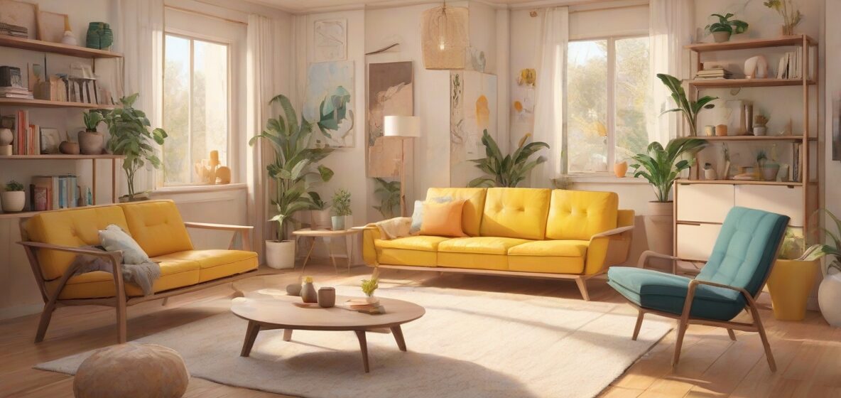 Ilustracja kompletu nowoczesnych mebli, wyeksponowanych w współczesnym salonie. Meble powinny być głównym elementem, prezentując harmonijną i stylową aranżację.