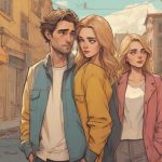 Ilustracja przedstawiająca współczesną europejską parę w chwili rozstania, stojącą osobno na pierwszym planie, z wyraźnym emocjonalnym dystansem, w nowoczesnych ubraniach, na tle subtelnej miejskiej scenerii, w filmowym nastroju.