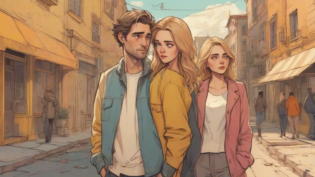 Ilustracja przedstawiająca współczesną europejską parę w chwili rozstania, stojącą osobno na pierwszym planie, z wyraźnym emocjonalnym dystansem, w nowoczesnych ubraniach, na tle subtelnej miejskiej scenerii, w filmowym nastroju.
