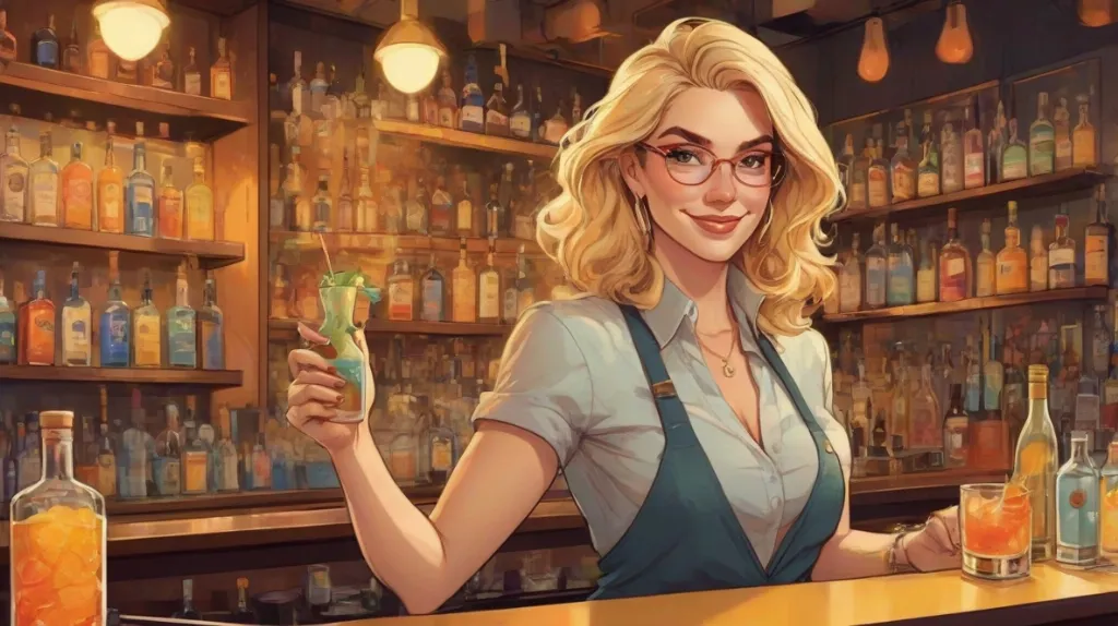 Ilustracja współczesnej europejskiej barmanki. Stoi za barem, umiejętnie mieszając koktajl. Skupienie na jej pewnym siebie i przyjaznym wyrazie twarzy, z butelkami i szklankami w tle.