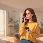 Ilustracja przedstawiająca współczesną europejską kobietę podejmującą decyzję o rozstaniu, stojącą samotnie w nowoczesnym mieszkaniu, trzymającą smartfon, z opanowanym, ale emocjonalnym wyrazem twarzy, filmowe oświetlenie, realistyczny styl.