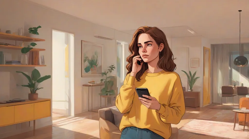 Ilustracja przedstawiająca współczesną europejską kobietę podejmującą decyzję o rozstaniu, stojącą samotnie w nowoczesnym mieszkaniu, trzymającą smartfon, z opanowanym, ale emocjonalnym wyrazem twarzy, filmowe oświetlenie, realistyczny styl.