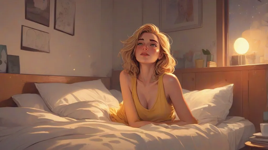 Ilustracja przedstawiająca współczesną europejską kobietę, która nagle budzi się w łóżku, cała spocona, z napiętym wyrazem twarzy, nocna atmosfera, realistyczny i intymny nastrój.