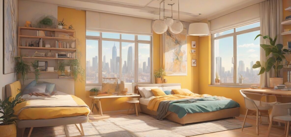 Ilustracja współczesnej kwatery w europejskim stylu. Skupienie na nowoczesnym, stylowym pokoju z wygodnym łóżkiem, małym biurkiem i oknem z widokiem na tętniące życiem miasto. Pokój jest dobrze oświetlony i przytulny, dając poczucie komfortu i schronienia.