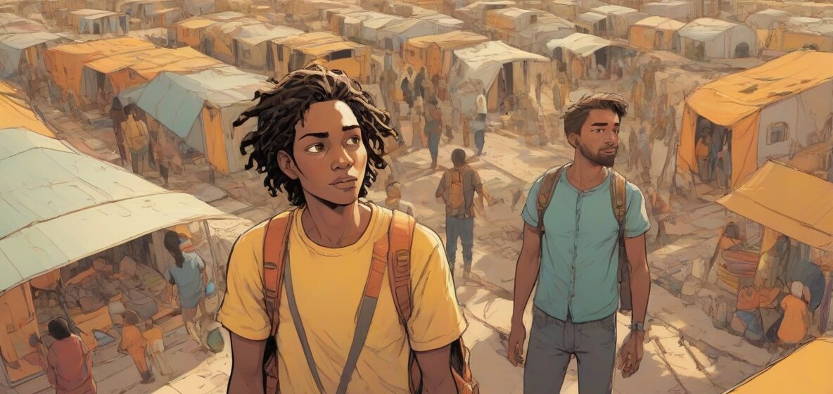 Ilustracja współczesnego azylanta, wyraźnie na pierwszym planie, wywołująca poczucie poszukiwania schronienia i bezpieczeństwa, z naciskiem na jego wyraz twarzy i podróż.