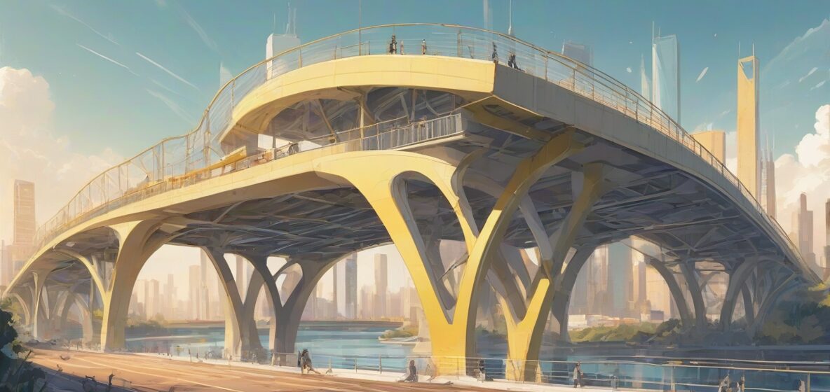 Ilustracja współczesnego mostu o eleganckim, nowoczesnym designie, wyraźnie widocznego na pierwszym planie. Most jest umieszczony na tle czystego, błękitnego nieba, ukazując swoją architektoniczną elegancję i inżynieryjny cud.