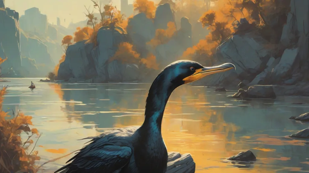 Ilustracja kormorana, wyraźnie widocznego na pierwszym planie. Ptak jest przedstawiony szczegółowo, z uwzględnieniem jego smukłych czarnych piór i charakterystycznie długiej szyi. Skupienie jest na samym kormoranie, uchwycając jego istotę i obecność.
