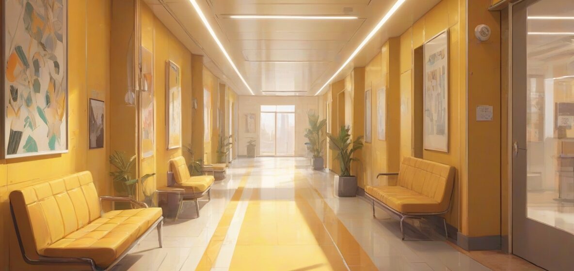 Ilustracja korytarza o współczesnym designie, jasnym oświetleniu i czystych liniach, reprezentująca nowoczesny styl europejski. Korytarz jest pusty, podkreślając poczucie przejścia i otwartości.