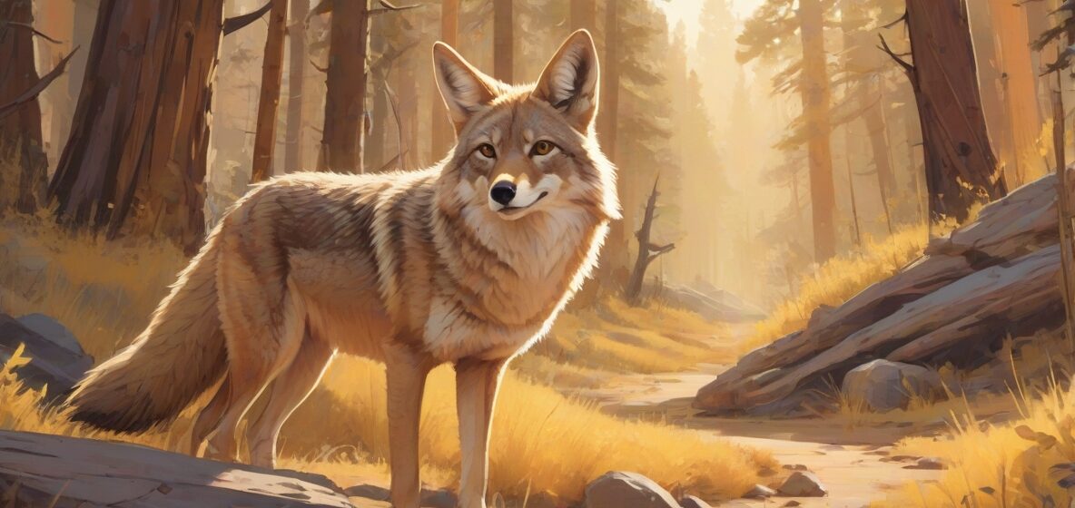 Ilustracja kojota, wyraźnie na pierwszym planie, ukazująca jego bystre oczy i ostre rysy. Kojot jest przedstawiony w naturalnym otoczeniu, podkreślając jego zdolność adaptacji i inteligencję.
