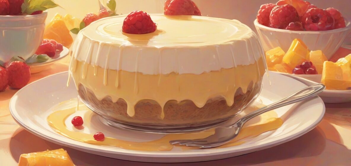 Ilustracja kremowego, bogatego puddingu wyraźnie widocznego na środku obrazu. Pudding jest gładki i błyszczący, z lekkim drżeniem, oddając poczucie rozkoszy i przyjemności. Tło jest minimalistyczne, aby podkreślić teksturę i kolor deseru.
