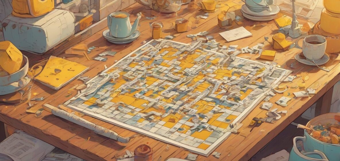 Ilustracja krzyżówki na stole. Krzyżówka jest głównym elementem, zajmującym większą część obrazu, w kontekście współczesnej Europy.