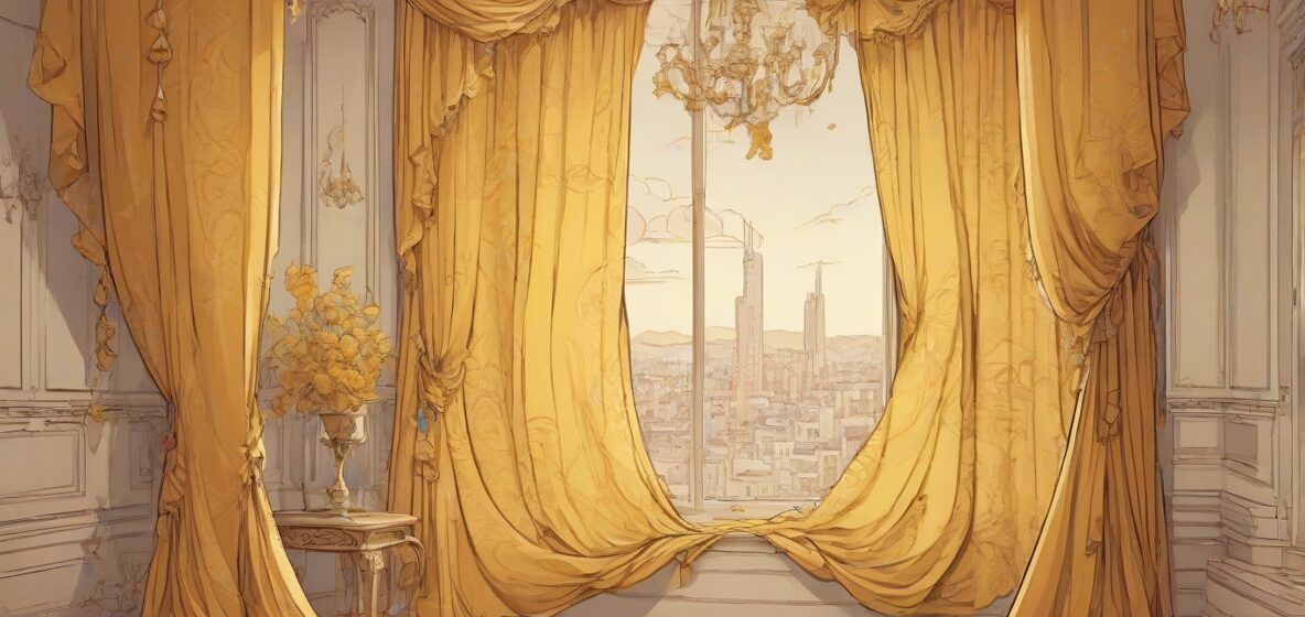 Ilustracja firany wyraźnie widocznej na pierwszym planie. Firana jest elegancka i powiewna, sugerując poczucie tajemnicy i prywatności. Powinna być głównym punktem obrazu, przyciągając uwagę swoim delikatnym materiałem i misternym wzorem.