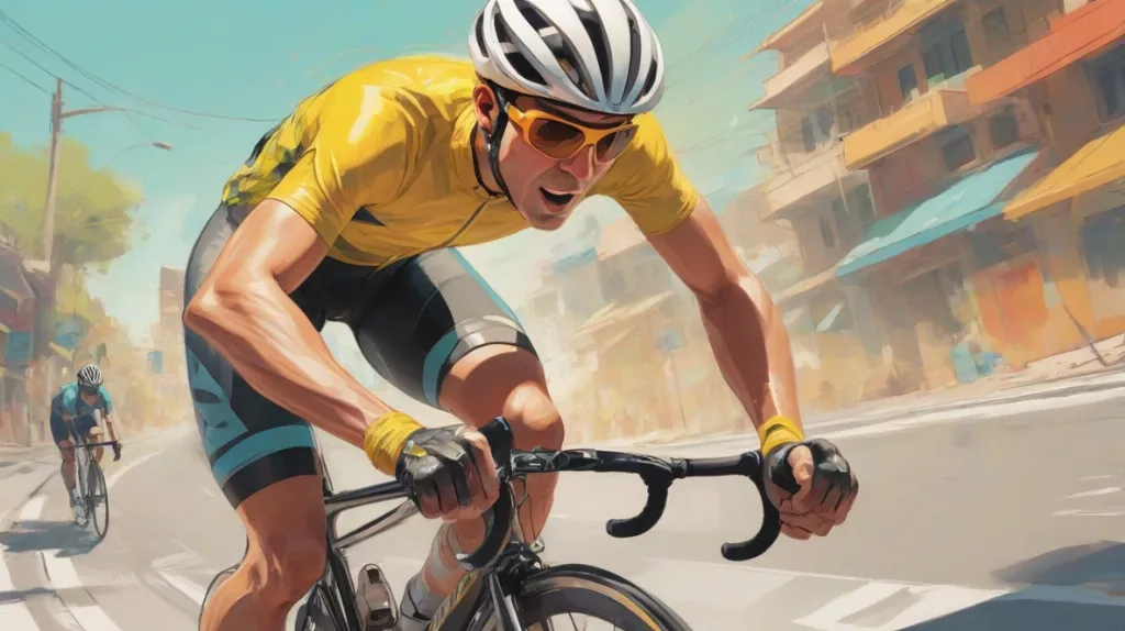 Ilustracja kolarza w ruchu na nowoczesnym rowerze szosowym, z kolarzem w dynamicznej pozie, ukazującym prędkość i determinację. Kolarz ubrany jest we współczesny strój kolarski, w tym kask i okulary przeciwsłoneczne, symbolizując nowoczesną kulturę kolarską.