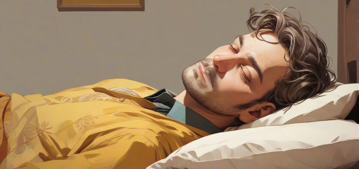 Ilustracja martwego człowieka w nowoczesnym europejskim stroju, leżącego spokojnie na łóżku. Skupienie jest na mężczyźnie, który zajmuje większość kadru, z pogodnym wyrazem twarzy, oddającym istotę spokoju.