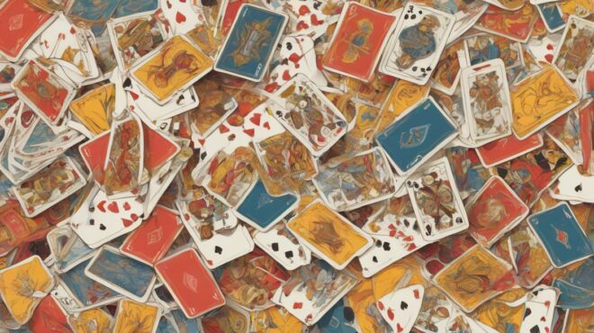 Ilustracja talii kart wyraźnie widocznej na pierwszym planie. Karty są rozłożone wachlarzowo, ukazując różnorodność kolorów i symboli, symbolizując wybór i różnorodność. Skupienie na misternych wzorach i żywych kolorach kart.