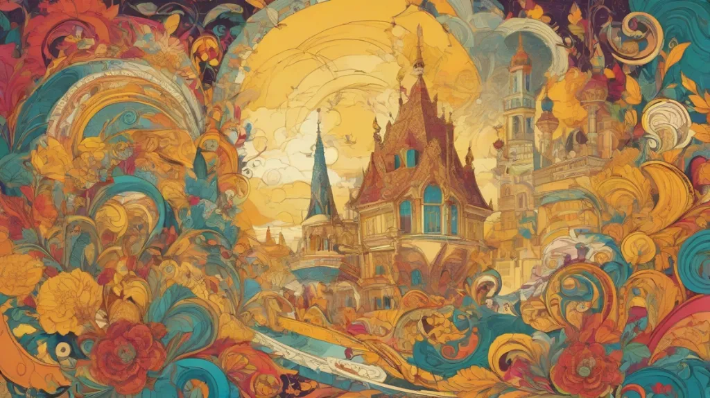 Ilustracja ozdobnego ornamentu, wyeksponowanego na pierwszym planie, ukazującego misternie zaprojektowane wzory i żywe kolory, odzwierciedlające współczesny europejski styl.