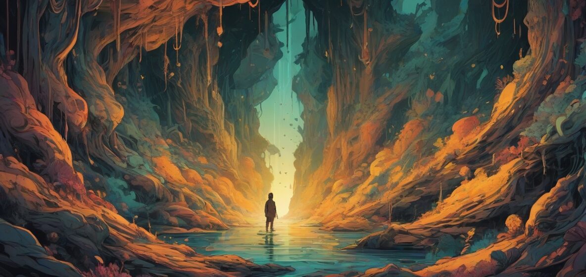 Ilustracja głębokiej, tajemniczej otchłani, z naciskiem na głębię i ciemność. Otchłań powinna być w centrum obrazu, dominując nad sceną, symbolizując ukryte emocje i nieodkryte aspekty osobowości.