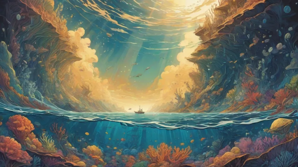 Ilustracja głębokiego rowu oceanicznego, z tajemniczą i urzekającą aurą. Skupienie się na głębokości i ogromie rowu, podkreślając nieznane i niezbadane. Scena jest współczesna, odzwierciedlając nowoczesne rozumienie oceanografii.