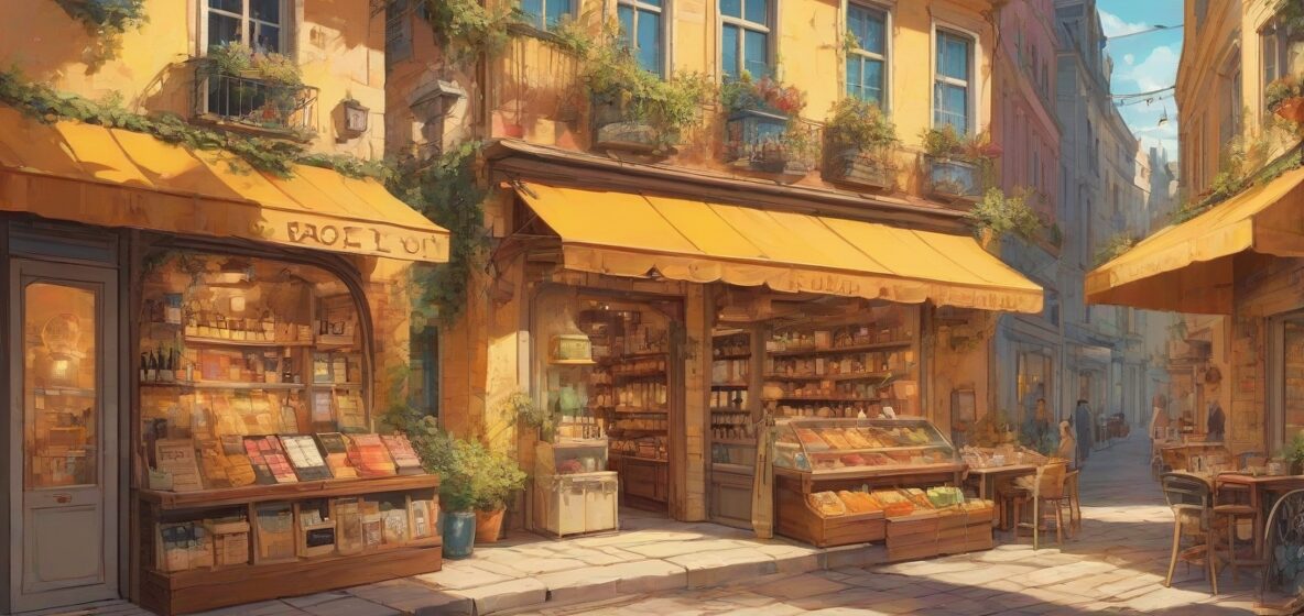 Ilustracja delikatesu z różnorodnymi wykwintnymi potrawami i wybornymi winami, wyraźnie widocznymi w europejskim otoczeniu, oddająca esencję luksusu i obfitości.