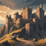 Ilustracja przedstawiająca dramatyczne zamczysko na wzgórzu we współczesnej Europie, ciemne kamienne mury, zniszczone wieże, nastrojowe niebo, filmowy klimat, detaliczna architektura, tajemniczy i majestatyczny nastrój.