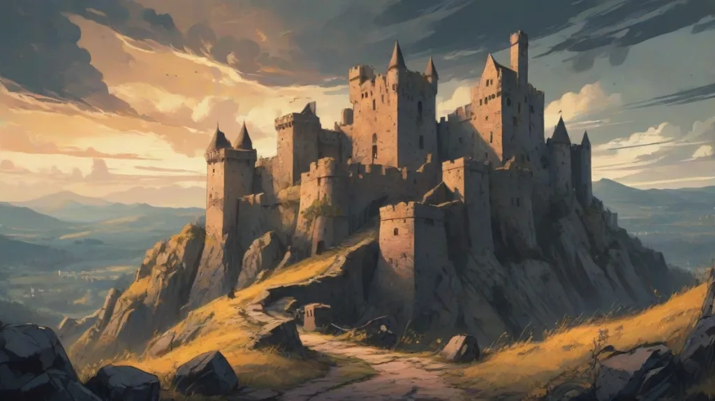 Ilustracja przedstawiająca dramatyczne zamczysko na wzgórzu we współczesnej Europie, ciemne kamienne mury, zniszczone wieże, nastrojowe niebo, filmowy klimat, detaliczna architektura, tajemniczy i majestatyczny nastrój.