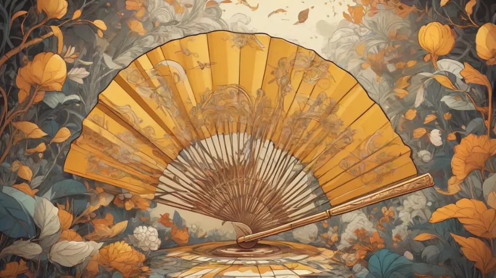 Ilustracja wachlarza wyeksponowanego na pierwszym planie. Wachlarz jest ozdobny, z misternymi wzorami, symbolizując elegancję i tajemniczość.
