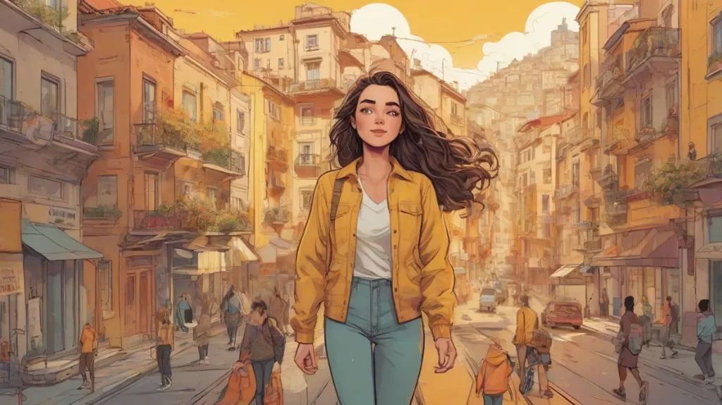 Ilustracja faworyta stojącego pewnie w centrum nowoczesnego europejskiego krajobrazu miejskiego, przyciągającego uwagę i emanującego charyzmą.