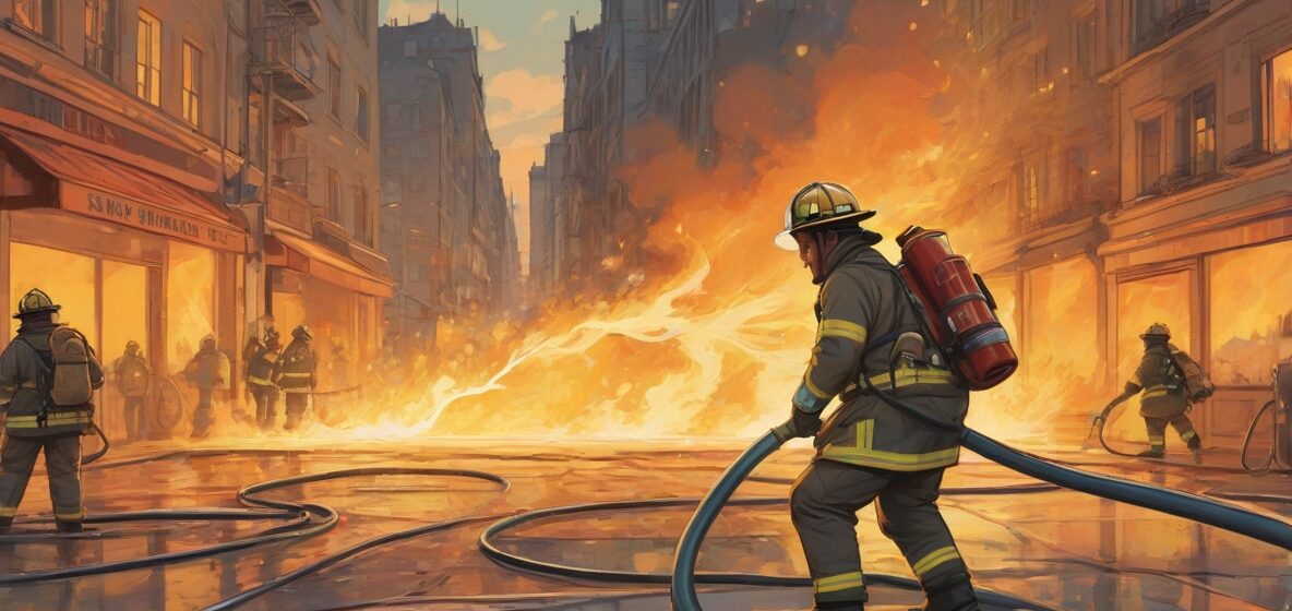 Ilustracja strażaka gaszącego płonący ogień w nowoczesnym europejskim mieście za pomocą węża.