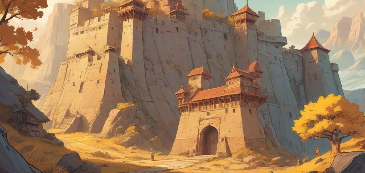 Ilustracja fortu wyraźnie widoczna na pierwszym planie, ukazująca jego imponującą strukturę i historyczne znaczenie.