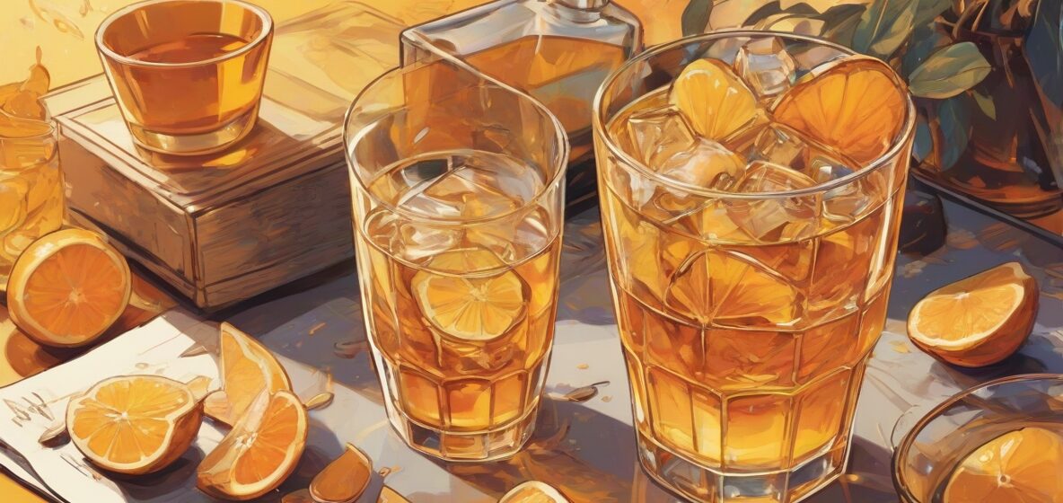 Ilustracja kieliszka z alkoholem wyraźnie wyeksponowanego na pierwszym planie, oddająca istotę współczesnego oddawania się przyjemnościom. Skupienie na kieliszku wypełnionym bogatym, bursztynowym płynem, wywołującym poczucie luksusu i relaksu.